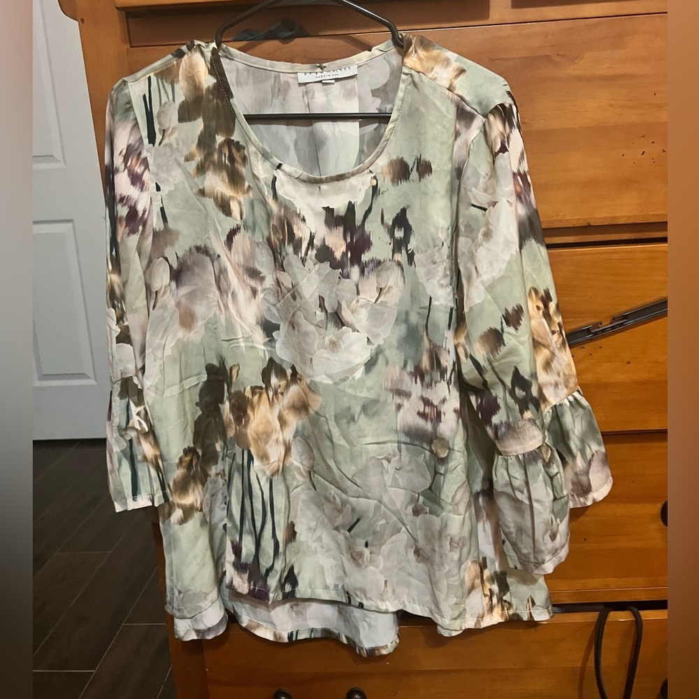 bryn Walker Floral Watercolor Blouse in Sage, Cream, Brown